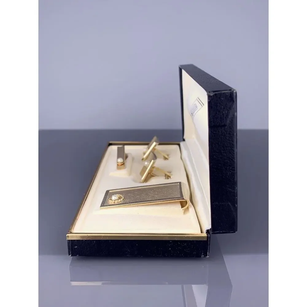 Faux Pearl Square Gold Tone Cufflinks Tie Pin Money Clip Textured Swank Vintage